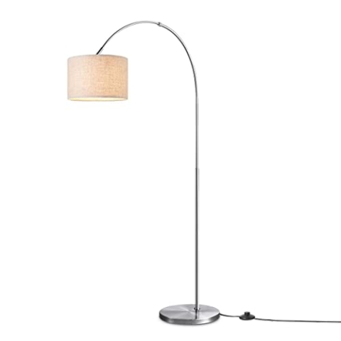 Home Sweet Home Moderner Bogen-Stehlampe Duke | 98/30/180cm | Gebürstetes Stahl | Stehlampe Fischer mit Leinen Lampenschirm | E27 | mit Fußschalter | geeignet für Wohnzimmer