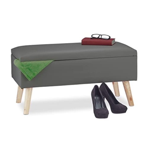 Relaxdays Sitzbank mit Stauraum, 40 L, gepolstert, Holzbeine, Truhenbank Kunstleder, HxBxT 40 x 80 x 39,5 cm, dunkelgrau