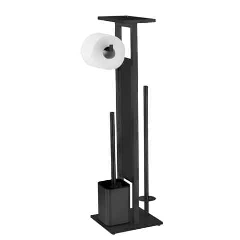 WENKO Stand WC-Garnitur Mod. Debar mit Ablage, aus mattiertem Edelstahl, Bodenplatte aus schwarzem Sicherheitsglas, 21 x 70,5 x 18 cm