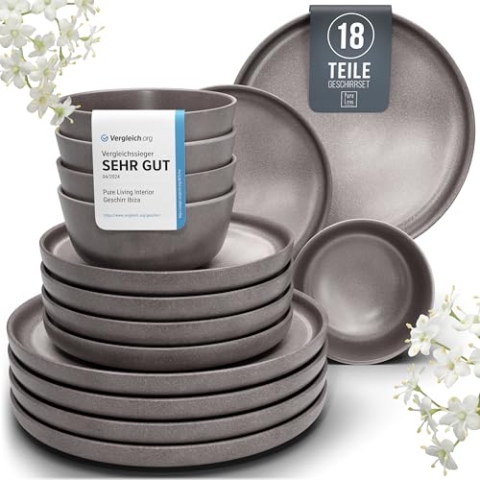 Steingut Geschirrset 6 Pers. 18-tlg Hochwertiges Urban Style TEST SEHR GUT Steingut Geschirr Set - Schüssel- und Teller Set - Tafelservice 6 Personen Geschirrsets Pure Living in matt Grau-braun