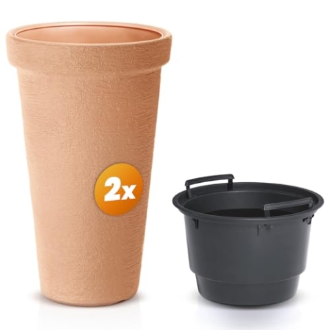 Casaria® 2X Blumentopf 42L 63x40cm XXL Pflanzkübel Hoch Rund Kunststoff Winterfest Grau Garten Terrasse Übertopf Pflanzkasten Blumenkübel Terracotta