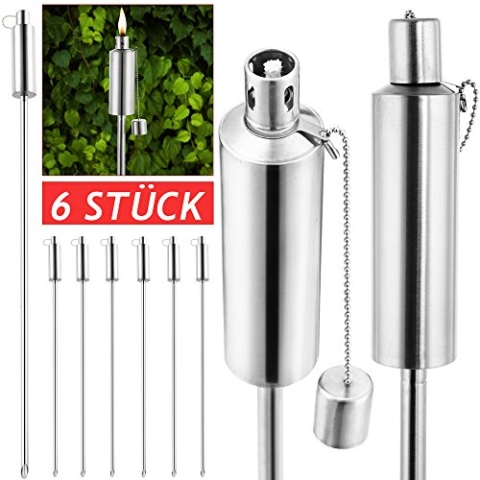 Gardebruk® Gartenfackeln für Draußen Öl 6er Set 330ml Edelstahl Metall Wetterfest 115cm Groß Outdoor Ölfackeln Docht Nachfüllbar Feuer Fackeln Boden