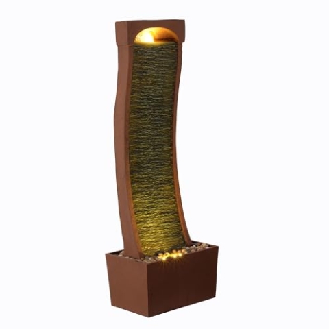 Teamson Home Moderner Outdoor Wasserfallbrunnen Schieferoptik Rotstein LED