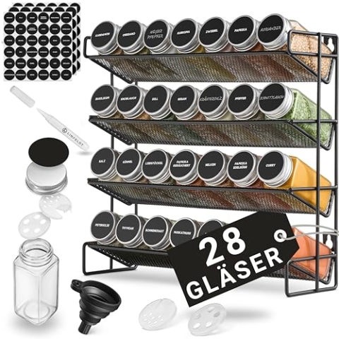 LINFELDT® Gewürzregal 28 Gläser - 144 Sticker + Stift + Schrauben zum Hängen - Gewürzregal Stehend - Gewürzgläser mit Regal ohne Gewürze - 34x34,5x11,5