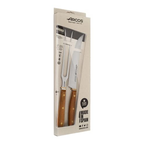 Arcos Serie Nordika - Set 2 Grillutensilien (Grillmesser + Schnitzgabel) - Edelstahl Nitrum - Ovengkol Holzgriff 100% natürlicher FSC - 100% recycelte Verpackung - Farbe Braun