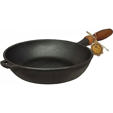 WDMT Maysternya Bratpfanne aus Gusseisen mit Holzgriff – Schwarz (ø 28 x 6 cm)