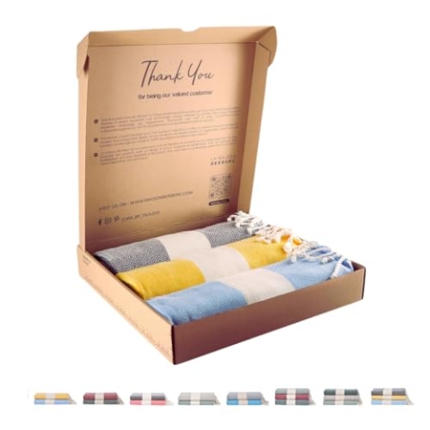 Tadussi ® Saunahandtuch Fouta Hamamtuch XXL [3er Set] Ideal als Strandtuch Picknickdecke für Damen & Herren - Groß 100x200-100% Baumwolle - Grau, Mustard Gelb & Hellblau
