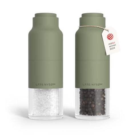 LARS NYSØM Salz und Pfeffermühlenset Edelstahl mit verstellbarem Mahlwerk I Flaschendesign Gewürzmühlen Set Manual (Sage Green)