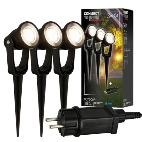 BRILONER - Connect to Shine 12V Gartensystem 3er Set LED Strahler mit Erdspieß, Basisset mit Trafo, IP65, warmweißes Licht, Gartenbeleuchtung, LED Gartenstrahler, 22,5x6x5 cm, Schwarz