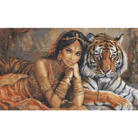 Luca-S Kreuzstich Stickpackung Gold Collection Die indische Prinzessin und der königliche Tiger, Zählmuster, Waldtiere