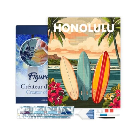 Figured'Art Diamond Painting Erwachsene 40x50cm Mit Rahmen Ganze Leinwand gespannt Reiseposter Honolulu 5D Bilder Eckige Steine - DIY Set Basteln