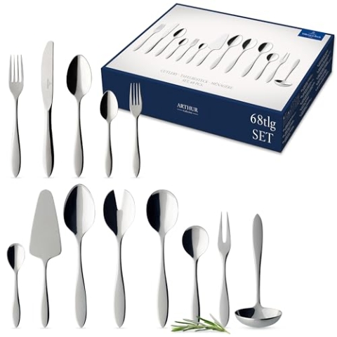 Villeroy & Boch – Arthur Besteckset 68 tlg. Silber/Platin, Spülmaschinenfest, Rostfrei, Besteck Set 68 teilig, Gabel, Messer, Löffel, Essbesteck Set, Edelstahl