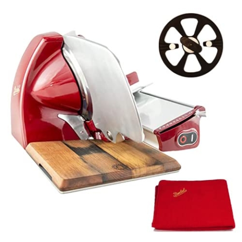 Berkel Aufschnittmaschine Home Line 200 Plus in rot - Küchenschneidemaschine inkl. Messerabnehmer und handgefertigtem Fassholzbrett Unikat - Sonderangebot