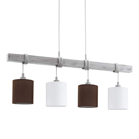 EGLO Pendelleuchte Townshend 2, 4 flammige Hängelampe Vintage, Hängeleuchte Holz, Stahl in Weiß-Patina und Textil, Leinen in Weiß, Braun, Esstischlampe, Wohnzimmerlampe hängend mit E27 Fassung