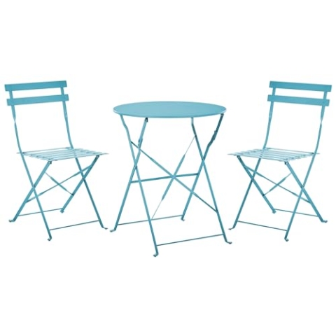 Balkonset Metall blau 3-teilig Tisch rund mit 2 Stühlen klappbar modern Fiori
