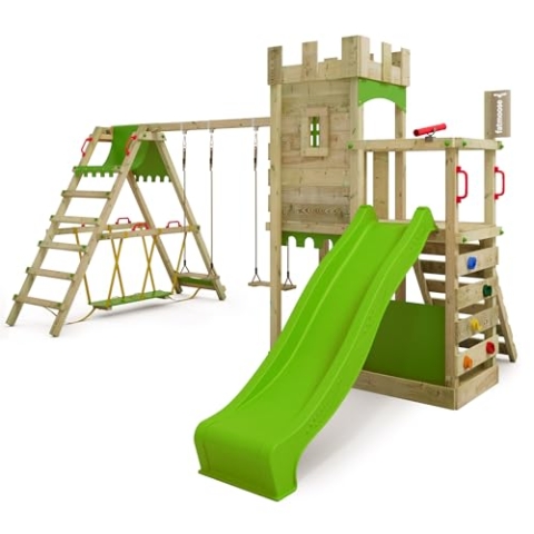 FATMOOSE Spielturm Ritterburg BoldBaron Boost XXL mit SurfSwing, Schaukel & Rutsche, Outdoor Kinder Kletterturm mit Sandkasten Leiter & Spiel-Zubehör für den Garten (apfelgrün)
