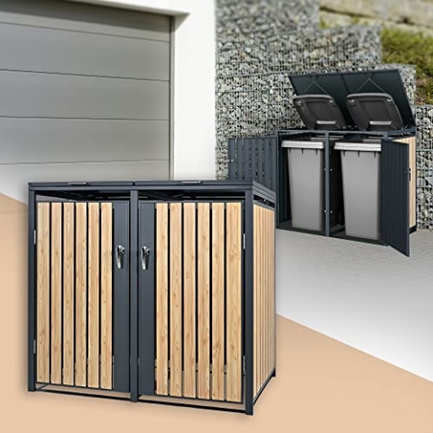 ML-Design Mülltonnenbox 2er 2 Tonnen 240L 132x80x116,3cm Anthrazit-Lärchenoptik, Stahl wetterfest/abschließbar Mülltonnenverkleidung Klappdeckel/2 Türen, Müllbox Mülltonnecontainer Mülltonnenabdeckung
