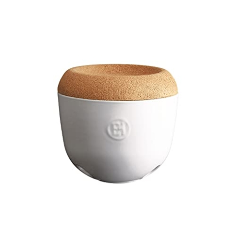 Emile Henry Made in France Garlic Cellar Pot with Cork Cover Knoblauchkellertopf, Keramik, cremefarben, 5.8in Diameter