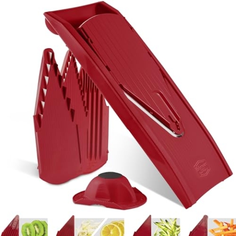 Börner Gemüsehobel V1 (Starter Set) • V-Hobel mit 4 Einsätzen & Fruchthalter • Verstellbarer Hobel für Gemüse & Obst • Gemüseschneider für Scheiben, Streifen & Würfel • Farbe: Rot