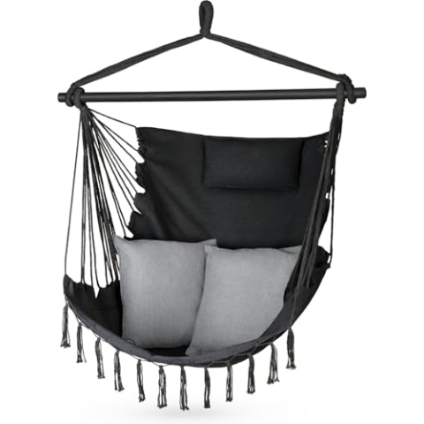 Hängesessel 100x130x75cm – bis 150 kg - Outdoor Sessel mit Kissen - Sitzsack zum Hängen Schaukel Für Garten und Zimmer – Boho – Fransen Brasilianischer Stuhl (Schwarz)