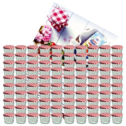 MamboCat 100er Set Sturzglas 230 ml Marmeladenglas Einmachglas Einweckglas To 82 rot karierter Deckel incl. Diamant-Zucker Gelierzauber Rezeptheft