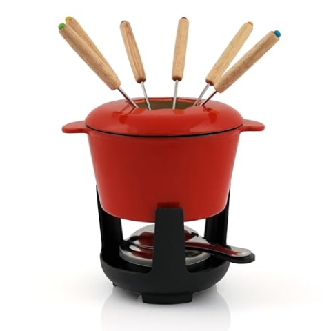 BBQ-Toro Gusseisen Fondue Set für 6 Personen | 1 Liter | Fondueset 13 teilig mit Brenner und Gabeln | Fondue-Set, Käsefondue Set, Fleischfondue Set, Schokofondue Set (rot/Creme emailliert)