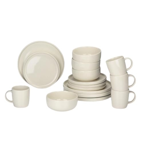 alpina Geschirrset 16-Teilig - Teller Set 4 Personen - Steinzeug Geschirr - Frühstücksteller, Essteller, Schalen und Tassen - Mikrowellen- und Spülmaschinenfest - Creme