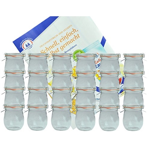 MamboCat 24er Set Weckgläser 220 ml Tulpenform mit Deckel Einkochring Klammern I Original Weck Tulpenglas I Einweckgläser für Obst Gemüse UVM I inkl. Diamant-Zucker Gelierzauber Rezeptheft