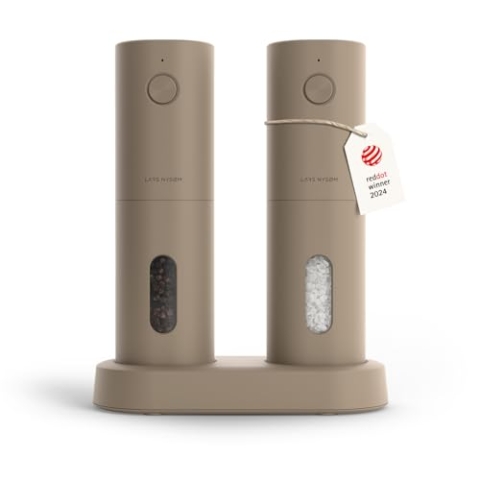 LARS NYSØM Salz und Pfeffer Mühle Elektrisch 2er Set mit einstellbarem Keramik-Mahlwerk von grob bis fein I Design Gewürzmühlenset Automatisch (2 Stück) (Taupe Brown)