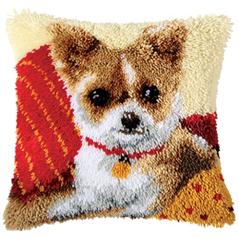 VERVACO Deko Kissenbezug Knüpfset für Anfänger Chihuahua Basteln Erwachsene Kreativ DIY Handarbeit Selber Knüpfe ca. 40 x 40 cm Latch Hook Kit Set Kissen Knüpfkissen mit Knüpfhaken, Stoff, Multicolor