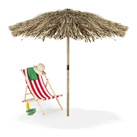 Relaxdays Hawaii Sonnenschirm, Strandschirm HxØ: 250 x 238 cm, handgefertigt, Holz & Palmenblatt, wetterbeständig, Natur