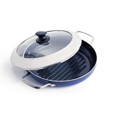 Blue Diamond Cookware Diamantierte Keramische Antihaft-Grillpfanne 28 cm mit Glasdeckel, PFAS-frei, Grillen, BBQ, Backofen sicher, Blau