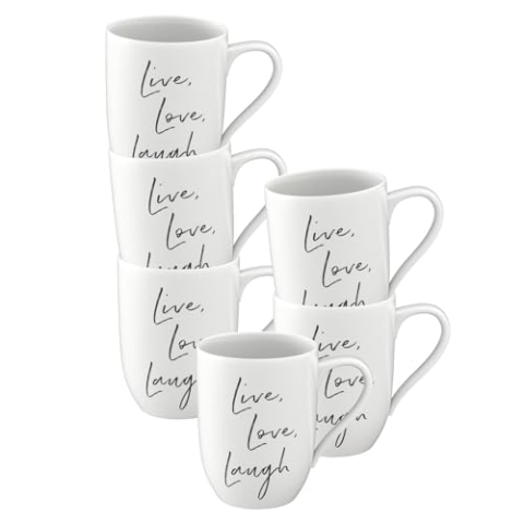 Villeroy & Boch - Statement, Becher mit Henkel 6er Set, Live Love Laugh, 280 ml, Kaffeebecher mit Sprüchen, Premium Porzellan, Weiß-Schwarz