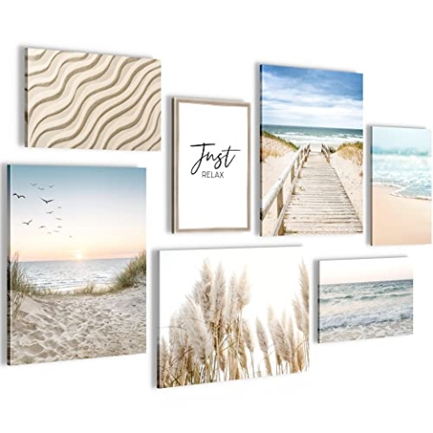 Novart Wandbilder Meer - KOMPLETT AUFHÄNGFERTIG - Paradies Strand Wohnzimmer Schlafzimmer - 7 Moderne Mood-Bilder - N004871a