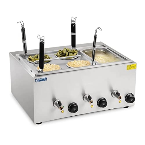 Royal Catering Nudelkocher Pastakocher (3 x 4 L, 3 x 1000 W, 30-110 °C, 4 Körbe, GN 1/3 Behälter, Ablasshahn, 50,7 x 60,5 x 50 cm, Edelstahl)