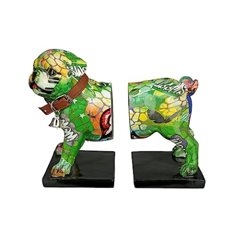 Casablanca Deko 1 Paar Buchstützen - Tierfigur Mops Hundefigur mit Halsband Glocke - Street Art Graffiti Schriftzug Wow - Dekoration Wohnzimmer - Gesamtlänge 22,5 cm