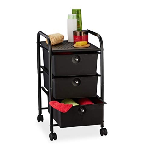 Relaxdays Badrollwagen, 3 Schubladen, Metall & Kunststoff, Rollcontainer Bad, Kosmetik, HxBxT: 60 x 33 x 39 cm, schwarz