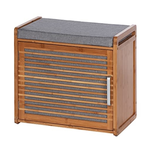 WENKO Schuhschrank Mod. Bahari mit bequemer gepolsterter Sitzfläche in Grau und 2 Ablagen für bis zu 4 Paar Schuhe aus robustem Bambus Maße 50 x 45 x 33 cm