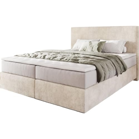 DELIFE Boxspringbett Dream-Well Cord Beige 160x200 cm mit Taschenfederkernmatratze u. Topper