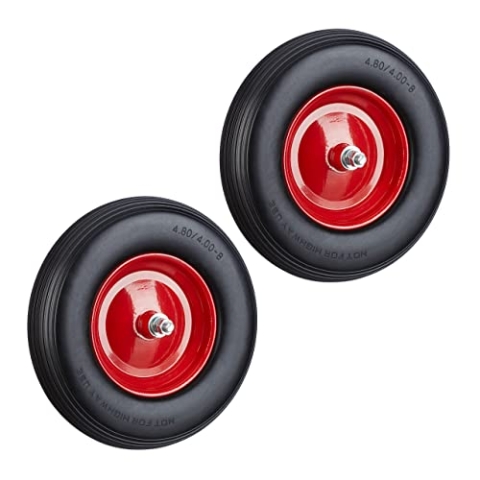 Relaxdays 2 x Schubkarrenrad Vollgummi mit Achse, 4.80 4.00-8 Gummirad, pannensicher, 100kg Tragkraft Ersatzrad, schwarz-rot
