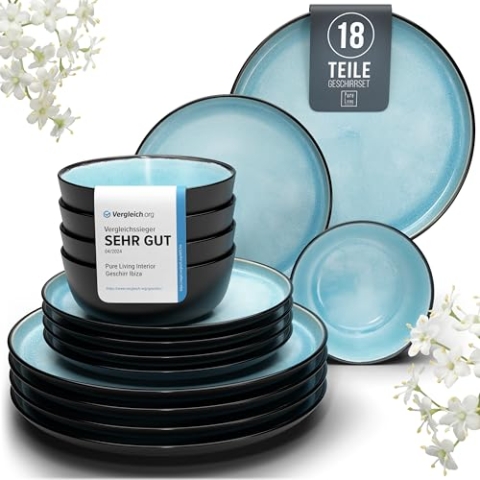 Steingut Geschirrset 6 Pers. Ibiza 18-tlg Hochwertiges Mediterranes TEST SEHR GUT Steingut Geschirr Set - Schüssel- und Teller Set - Tafelservice 6 Personen Geschirrsets Pure Living in Aquamarin
