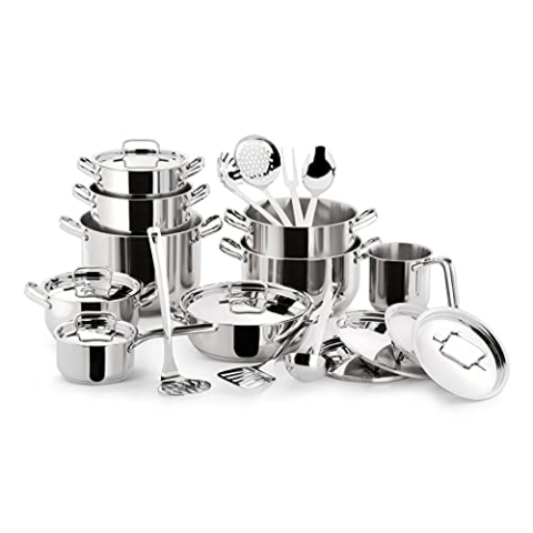 Lagostina Sfiziosa Topfset für alle Herdarten aus Edelstahl 18/10, 24 Teile, 3-Lagiger Lagoseal-Plus-Boden, Topfset mit 5 Kasserollen, 3 Töpfen, Milchtopf, 8 Deckel, 7 Küchenutensilien