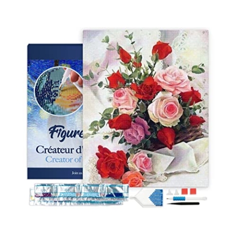 Figured'Art Diamond Painting Erwachsene 40x50cm Mit Rahmen Ganze Leinwand gespannt Schöner Rosenstrauß 5D Bilder Eckige Steine - DIY Set Basteln