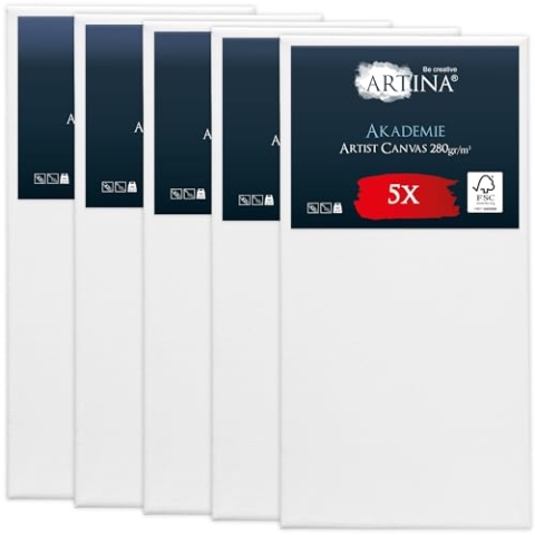 Keilrahmen Leinwand zum Bemalen 50x100 cm – Artina FSC® 5er Set bespannte Keilrahmen Leinwände zum malen für Acrylfarben Canvas 100% Baumwolle – Acryl Leinwand Rahmen