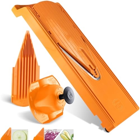 Börner Gemüsehobel V3 (Basis Set) • V-Hobel für Scheiben in 3 Schnittstärken • Verstellbarer Küchenhobel für Gemüse & Obst • Hobel mit Gummifüßen & Edelstahl V-Klinge • Farbe: Orange