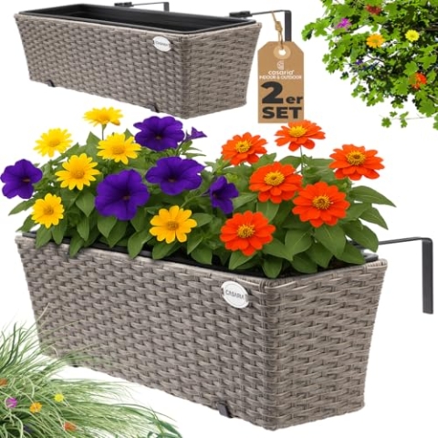 Casaria® Blumenkasten 2er Set 11 Liter Montagehalterung Indoor Outdoor Geländerkasten Balkonkasten Pflanzkasten Creme