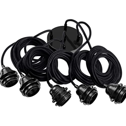 Hoopzi - Pendelleuchte 5 Flamming - 3,5m Textilkabel - 5 X E27 Fassung - Vintage, Industrial Für Esstisch, Wohnzimmer, Esszimmer, Zimmer, Schlafzimmer, Küche