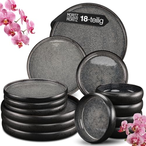 Moritz & Moritz SOLID 18-tlg Steinzeug Geschirr Set 6 Personen - Geschirrset 6 Personen aus je 6 Dinner Teller, Kleine Teller, Tiefe Teller