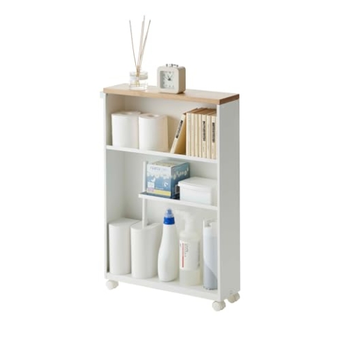Yamazaki 4306 TOWER Halbgeschlossener Aufbewahrungswagen, weiß, Stahl/Holz, minimalistisch, 13 x 47.5 x 68 cm