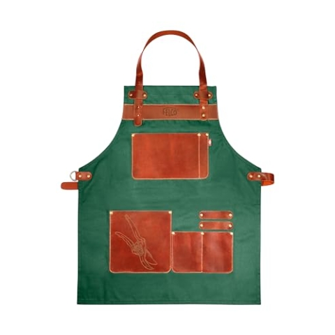 FELCO 490 Gartenschürze - Büffelleder & Canvas - Verstellbar - Praktische Taschen - 730mm Länge - 463g - Professionelle Qualität für Gärtner